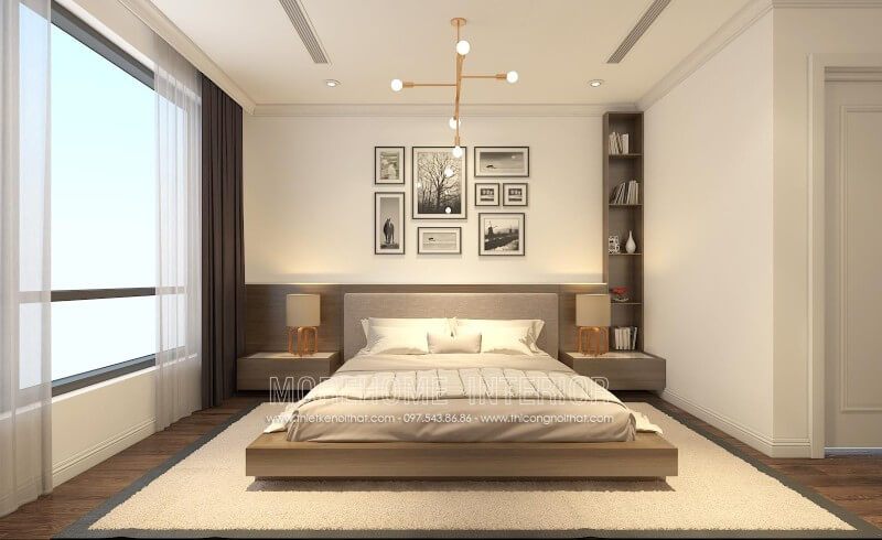 Giường ngủ hiện đại được làm từ chất liệu gỗ công nghiệp, tone màu nâu trầm khơi gợi cảm giác ấm cúng và sang trọng hơn cho căn phòng